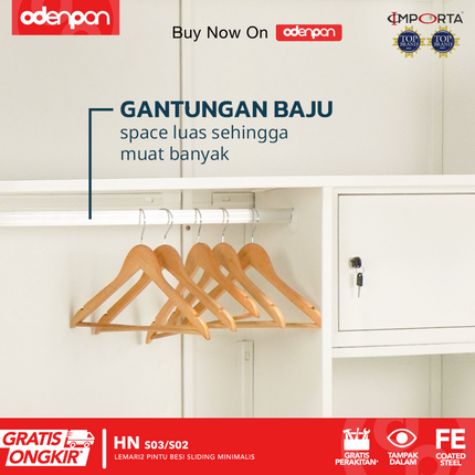 OKELO - HN Lemari Pakaian Baju 2 Pintu Besi Dengan Cermin