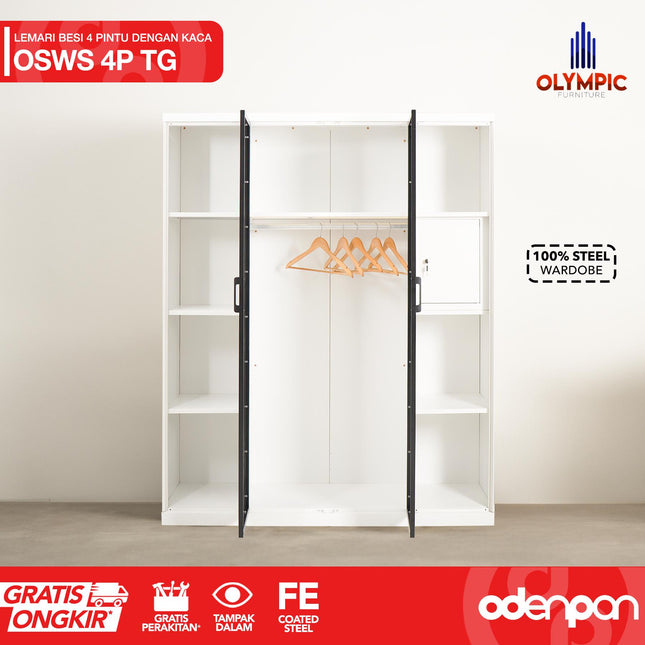 OLYMSTEEL - OSWS 4P TG Lemari Pakaian Baju 4 Pintu Kaca Tempered Glass Swing