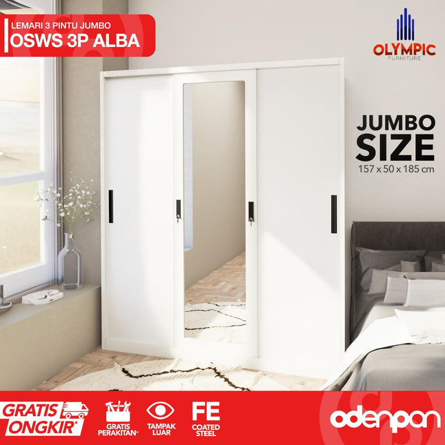 OLYMSTEEL - OSWS 3P Lemari Pakaian Baju 3 Pintu Besi Jumbo Dengan Cermin