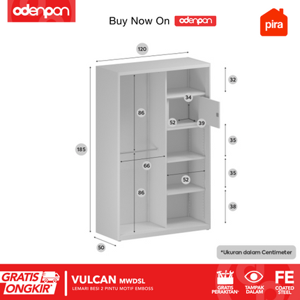 PIRA - VULCAN Lemari Pakaian / Baju 2 Pintu Besi Sliding Motif 3D Emboss Dengan Cermin
