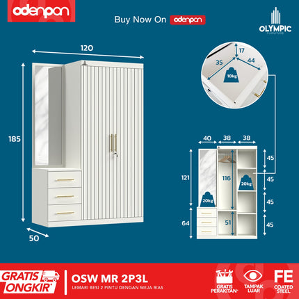 OLYMSTEEL - OSW MR 2P3L Lemari Pakaian Baju 2 Pintu Besi Dengan Meja Rias