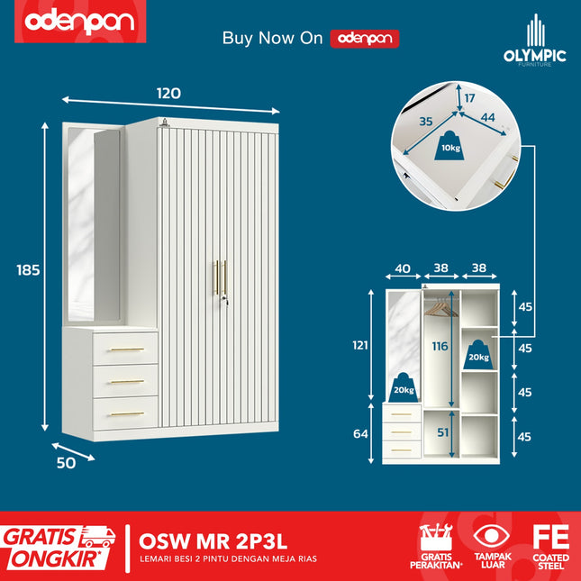 OLYMSTEEL - OSW MR 2P3L Lemari Pakaian Baju 2 Pintu Besi Dengan Meja Rias