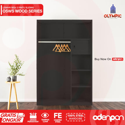 OLYMSTEEL - OSWS WOOD Lemari Pakaian Baju 2 Pintu Besi Sliding Motif Kayu