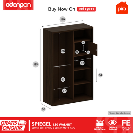 PIRA - SPIEGEL 120 Lemari Pakaian / Baju 2 Pintu Besi Sliding Motif Kayu