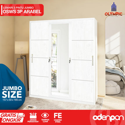 OLYMSTEEL - OSWS 3P Lemari Pakaian Baju 3 Pintu Besi Jumbo Dengan Cermin