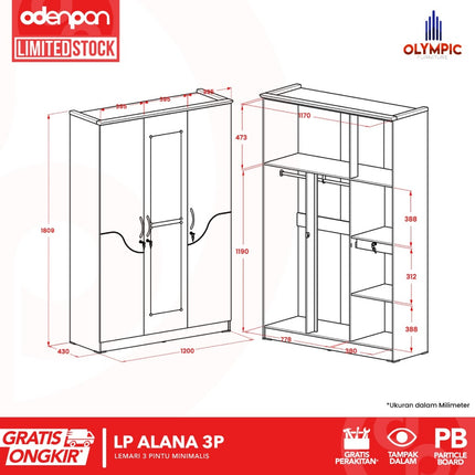 OLYMPIC - ALANA 3P Lemari Pakaian / Baju 3 Pintu Dengan Cermin