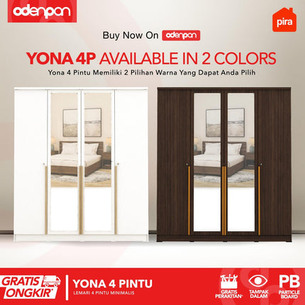 PIRA - YONA 4P Lemari Pakaian / Baju 4 Pintu Dengan Cermin