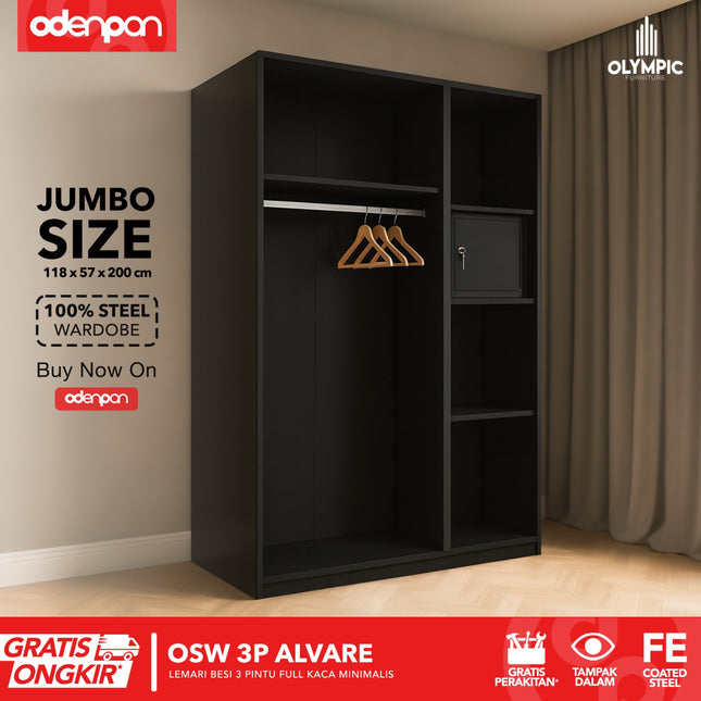 OLYMSTEEL - OSW 3P ALVARE Lemari Pakaian Baju 3 Pintu Besi Jumbo Pintu Swing Full Cermin