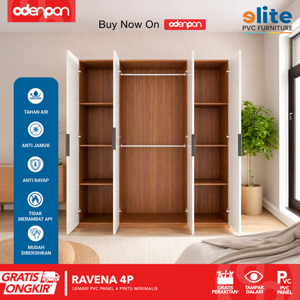 ELITE PVC - RAVENA 4P Lemari UPVC 4 Pintu Swing Motif Kayu