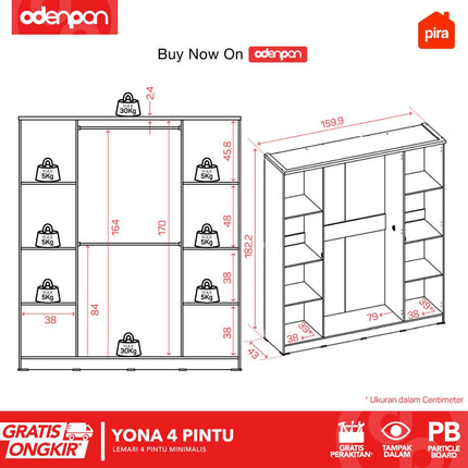 PIRA - YONA 4P Lemari Pakaian / Baju 4 Pintu Dengan Cermin