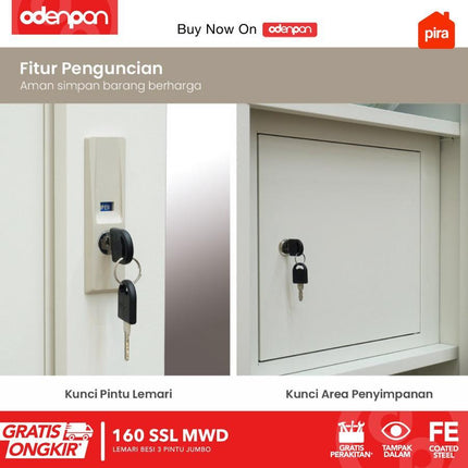 PIRA Lemari Pakaian / Baju 3 Pintu Besi Sliding Jumbo Pintu Swing & Sliding Minimalis Dengan Cermin 160 SSL MWD