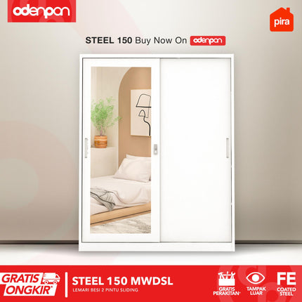 PIRA - STEEL Lemari Pakaian / Baju 2 Pintu Besi Sliding Dengan Cermin