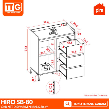 PIRA OX - HIRO SB80 Lemari Laci Cabinet Drawer Bufet Minimalis 1 Pintu 3 Laci Susun 80 cm
