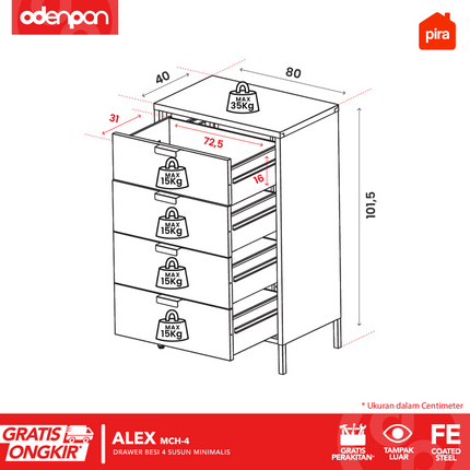 PIRA - ALEX MCH Drawer Cabinet Besi Dengan 4 Laci Susun