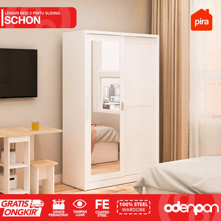 PIRA - SCHON Lemari Pakaian Baju 2 Pintu Besi Sliding Dengan Cermin