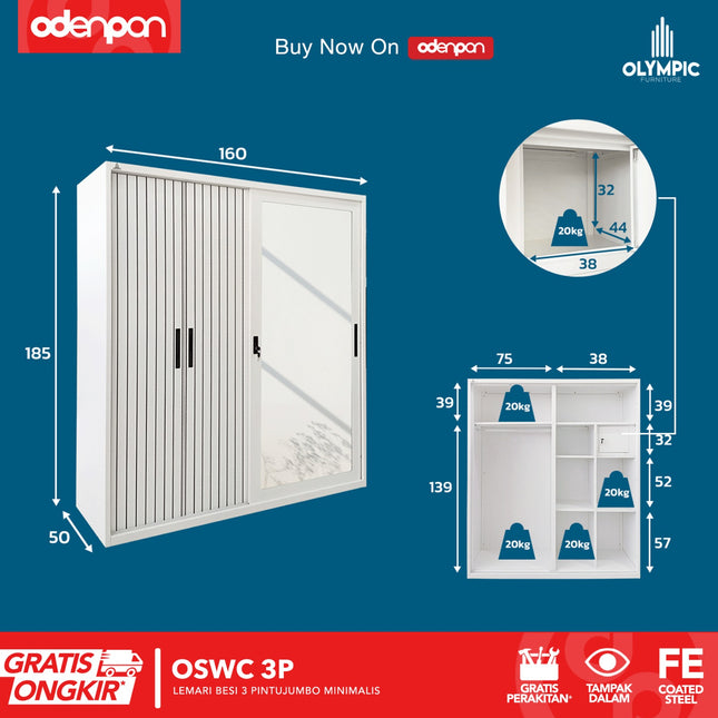 OLYMSTEEL - OSWC 3P Lemari Pakaian Baju 3 Pintu Besi Jumbo Pintu Swing & Sliding