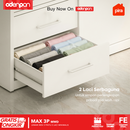 PIRA - MAX 3P Lemari Pakaian / Baju 3 Pintu Besi Swing Dengan Laci & Tempered Glass