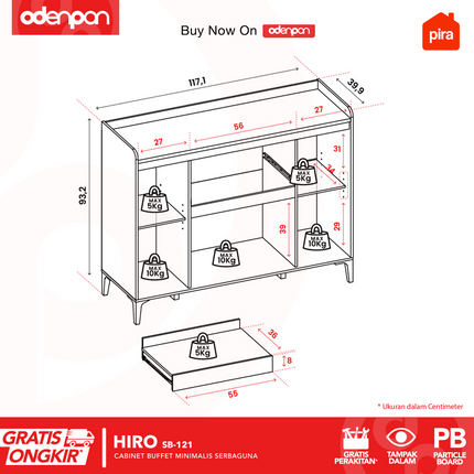 PIRA OX - HIRO SB121 Lemari Laci Cabinet Drawer Bufet Minimalis 4 Pintu 1 Laci 120 cm
