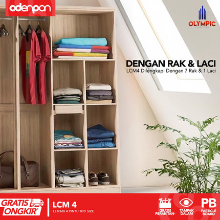 OLYMPIC G-STAR - LCM 4 Lemari Pakaian / Baju 4 Pintu Mid Size Dengan Laci & Cermin