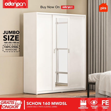 PIRA - 160 MWDSL Lemari Pakaian / Baju 3 Pintu Besi Sliding Jumbo Dengan Cermin 160 cm