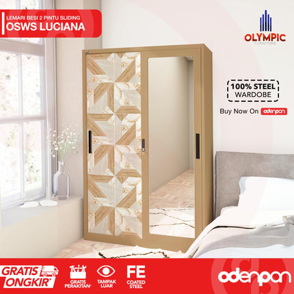 OLYMSTEEL - OSWS WOOD Lemari Pakaian Baju 2 Pintu Besi Sliding Motif Kayu