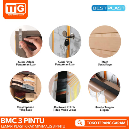 BESTPLAST - BMC 3P GOLD Lemari Pakaian Plastik 3 Pintu Dengan Cermin & Gantungan