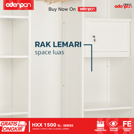 ODENPAN - HXX 1500 SL Lemari Pakaian / Baju 3 Pintu Besi Sliding Dengan Cermin Jumbo Minimalis