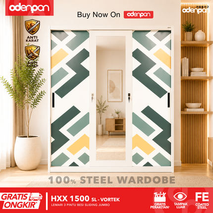 ODENPAN - HXX 1500 SL Lemari Pakaian / Baju 3 Pintu Besi Sliding Dengan Cermin Jumbo Minimalis