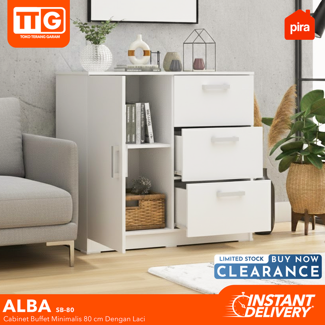 PIRA OX - ALBA BAZ SB80 Lemari Laci Cabinet Drawer Bufet Minimalis 3 Pintu 1 Laci 80 cm