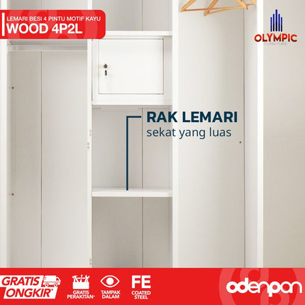 OLYMSTEEL - OSWS 4P2L WOOD Lemari Pakaian Baju 4 Pintu Besi 2 Laci Motif Kayu
