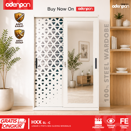 ODENPAN - HXX SL  Lemari Pakaian / Baju 2 Pintu Besi Sliding Dengan Cermin Minimalis