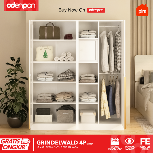 PIRA - GRINDELWALD 4P MWD Lemari Pakaian Baju 4 Pintu Besi Pintu Swing Dengan Kaca