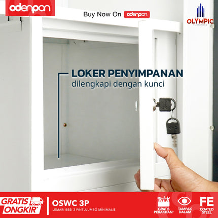 OLYMSTEEL - OSWC 3P Lemari Pakaian Baju 3 Pintu Besi Jumbo Pintu Swing & Sliding