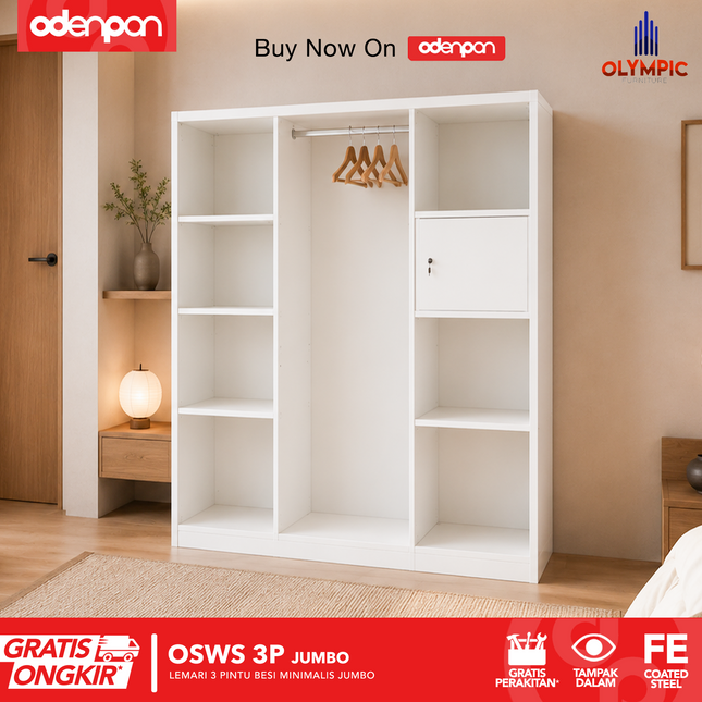 OLYMSTEEL - OSWS 3P Lemari Pakaian Baju 3 Pintu Besi Jumbo Dengan Cermin