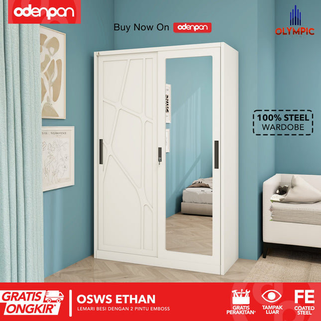 OLYMSTEEL - OSWS ETHAN Lemari Pakaian Baju 2 Pintu Besi Sliding Pintu 3D Emboss