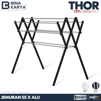 BINA KARYA - THOR Jemuran Stainless Steel Aluminium 9 Palang Jumbo Kokoh Pipa Kotak Minimalis 180 cm