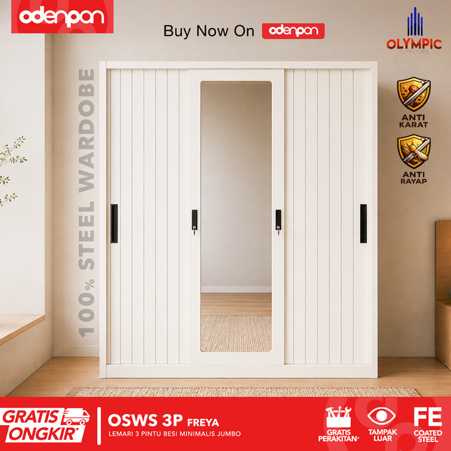 OLYMSTEEL - OSWS 3P Lemari Pakaian Baju 3 Pintu Besi Jumbo Dengan Cermin