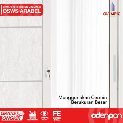 OLYMSTEEL - OSWS ARABEL Lemari Pakaian Baju 2 Pintu Besi Sliding Putih Dengan Cermin & Motif Kayu