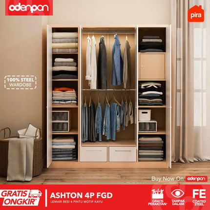 PIRA - ASHTON 4P FGD Lemari Pakaian Baju 4 Pintu Besi 2 Laci Motif Kayu Minimalis Jumbo
