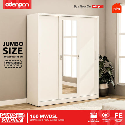 PIRA - 160 MWDSL Lemari Pakaian / Baju 3 Pintu Besi Sliding Jumbo Dengan Cermin 160 cm
