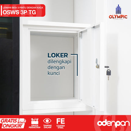 OLYMSTEEL - OSWS 3P TG Lemari Pakaian Baju 3 Pintu Kaca Tempered Glass Swing