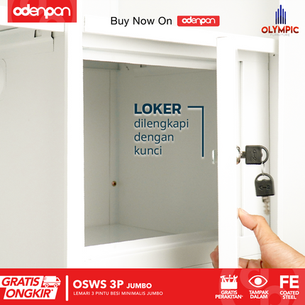 OLYMSTEEL - OSWS 3P Lemari Pakaian Baju 3 Pintu Besi Jumbo Dengan Cermin