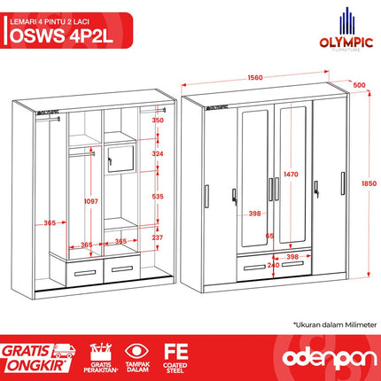 OLYMSTEEL - OSWS 4P2L Lemari Pakaian Baju 4 Pintu Besi 2 Laci