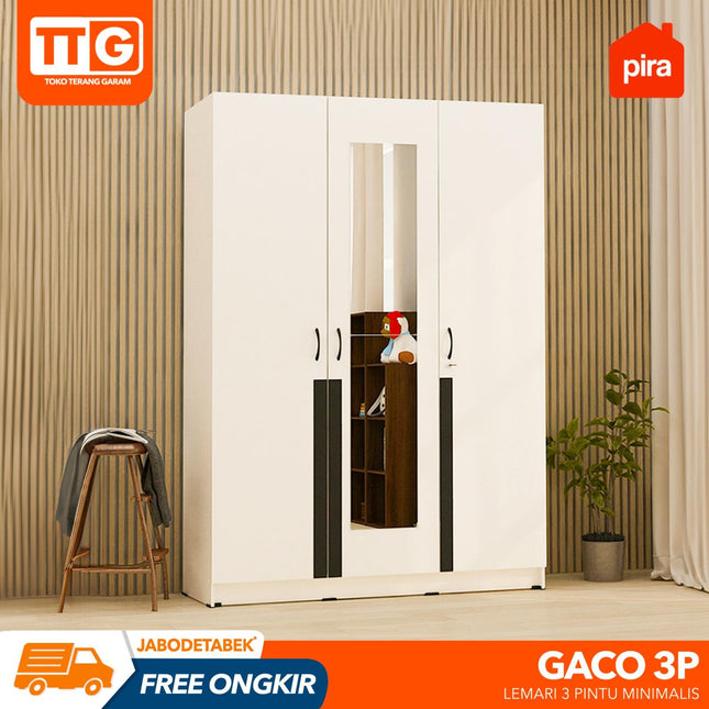 PIRA - GACO 3P Lemari Pakaian / Baju 3 Pintu Gantungan Gamis Dengan Cermin