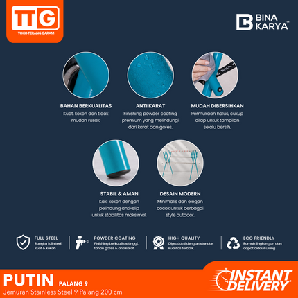 BINA KARYA - PUTIN Jemuran Stainless Steel Besi 9 Palang Jumbo Kokoh 200 cm