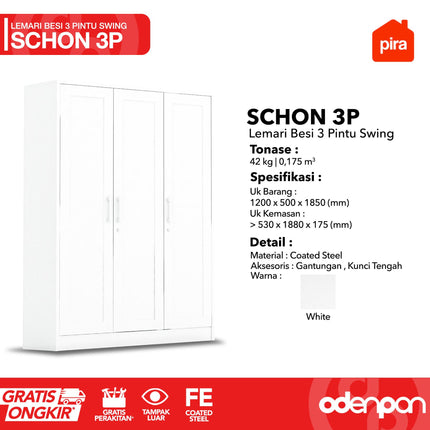 PIRA - SCHON 3P Lemari Pakaian Baju 3 Pintu Besi Pintu Swing