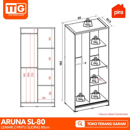 PIRA OX - ARUNA SL 80 Lemari Pakaian / Baju 2 Pintu Sliding 2 Gantungan 80 cm