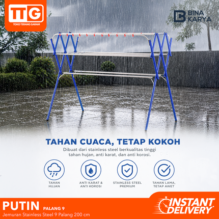 BINA KARYA - PUTIN Jemuran Stainless Steel Besi 9 Palang Jumbo Kokoh 200 cm