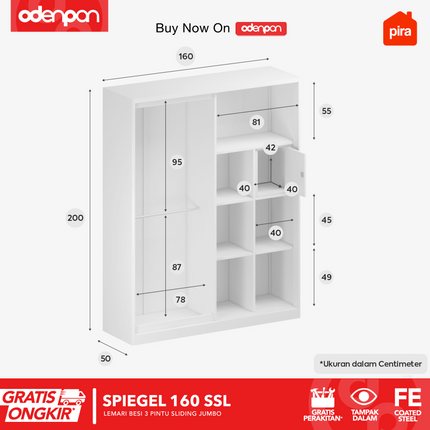 PIRA - SPIEGEL 160 SSL MWD Lemari Pakaian / Baju 3 Pintu Besi Sliding Jumbo