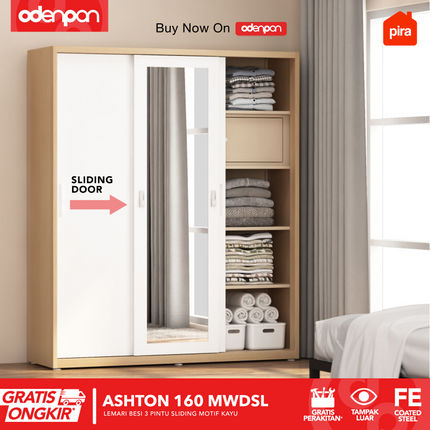 PIRA - ASHTON 160 MWDSL Lemari Pakaian / Baju 3 Pintu Besi Sliding Jumbo Dengan Cermin 160 cm